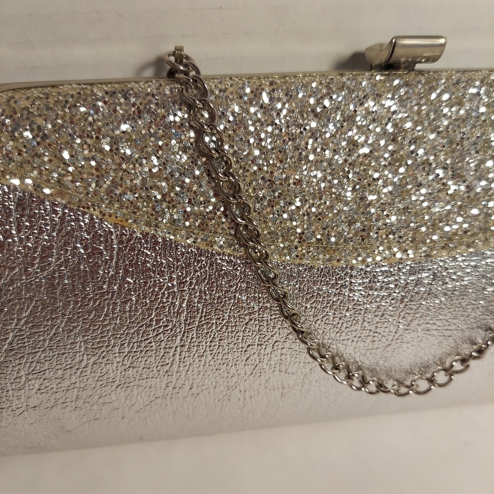 Vintage Silver Metallic + Glitter Clutch Evening Bag Purse Cocktail Prom Formal - Picture 2 of 15